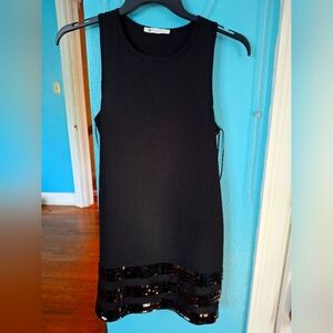 The Impeccable Pig Lady's Sm Sleeveless Black Sequened Trim Shift Dress Excell